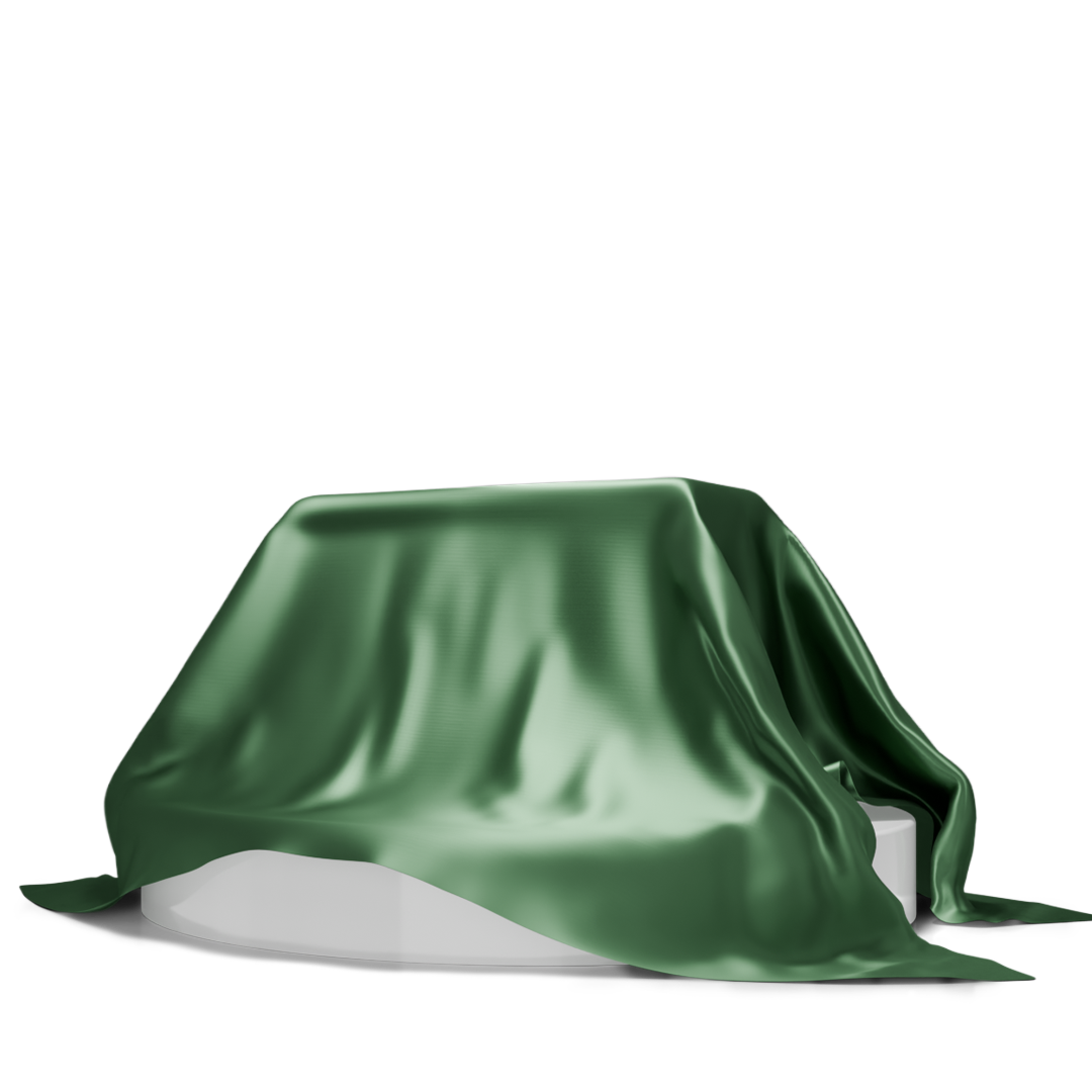 Image of products under a green cloth and a sticker saying 'Launching 2026'