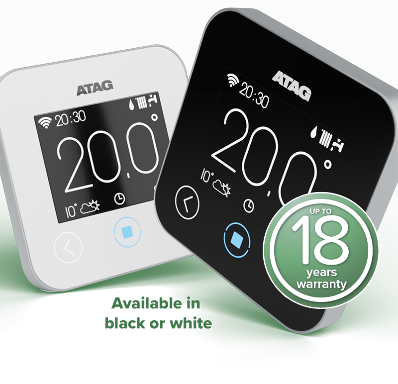 Image of an ATAG ONE Zone with a 'Up to 18 years warranty' icon. Available in black or white.